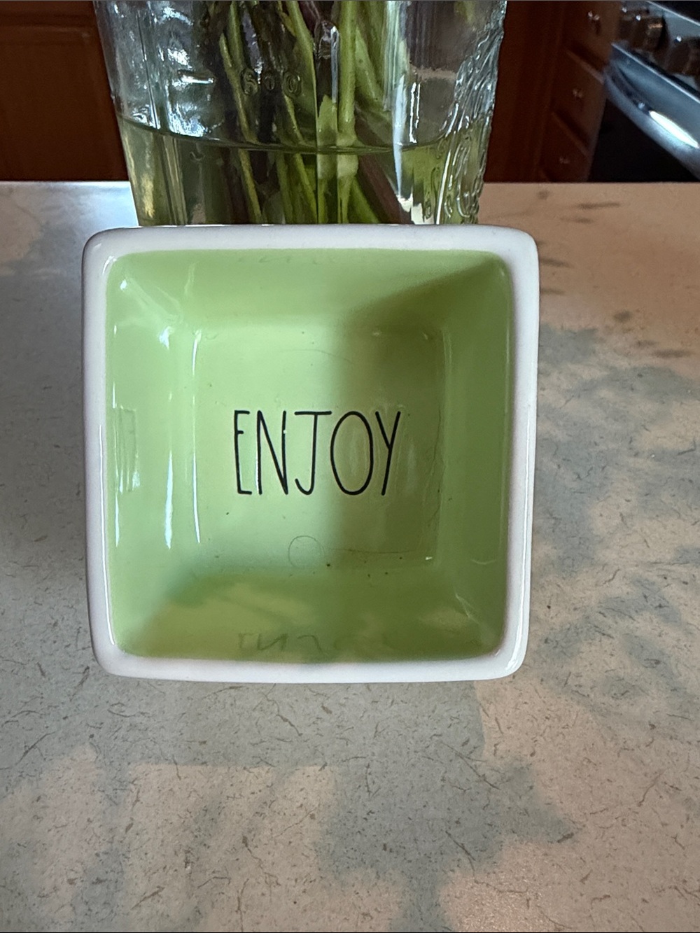 Rae Dunn Green and White "ENJOY" Ceramic Square Dish